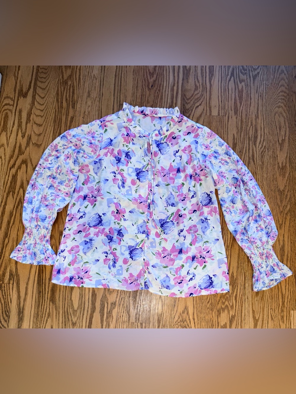 Watercolor Floral Ruffle Neck Tie Front Blouse - NWOT